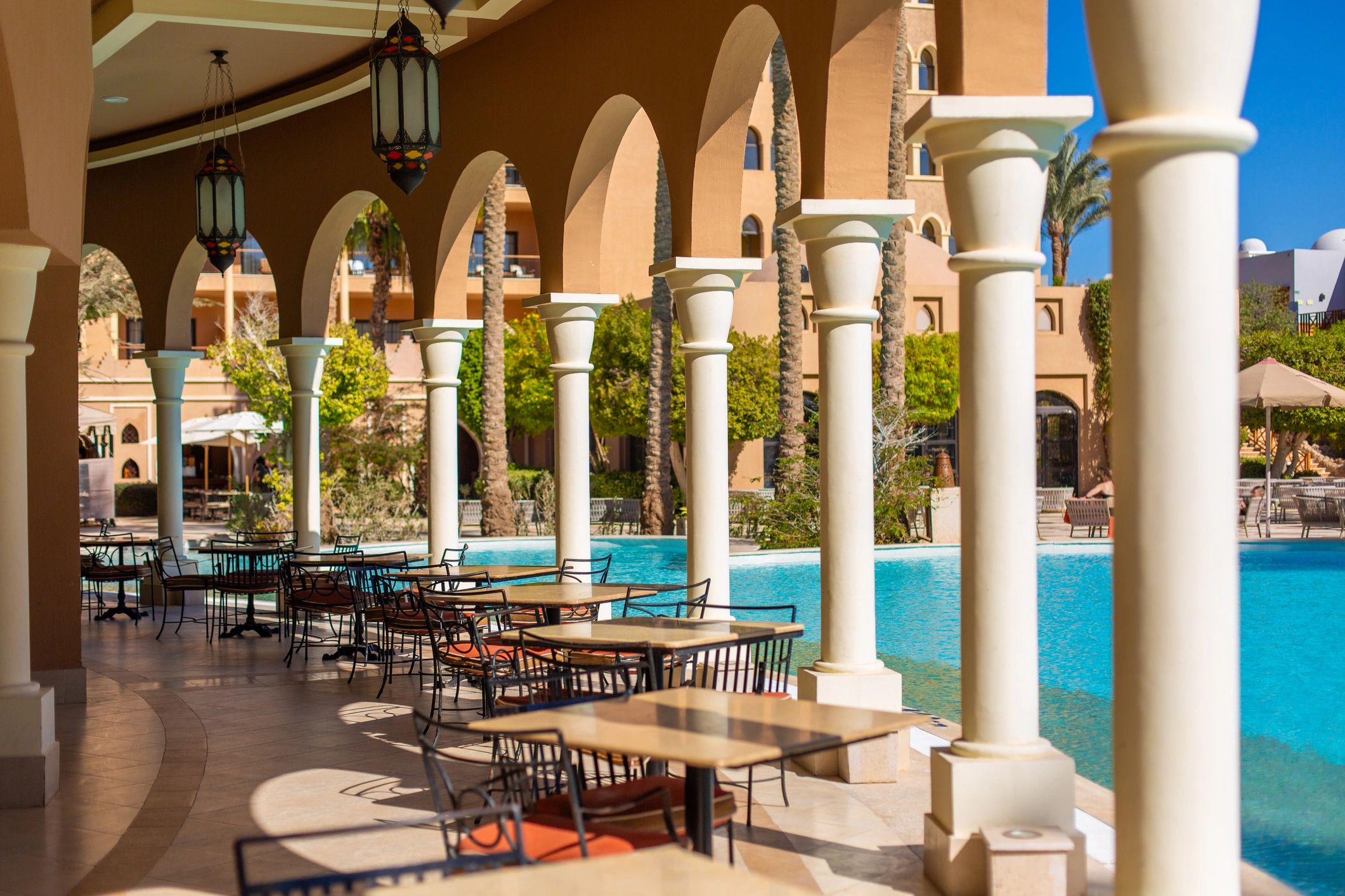 Outdoor restaurant terrace by the pool